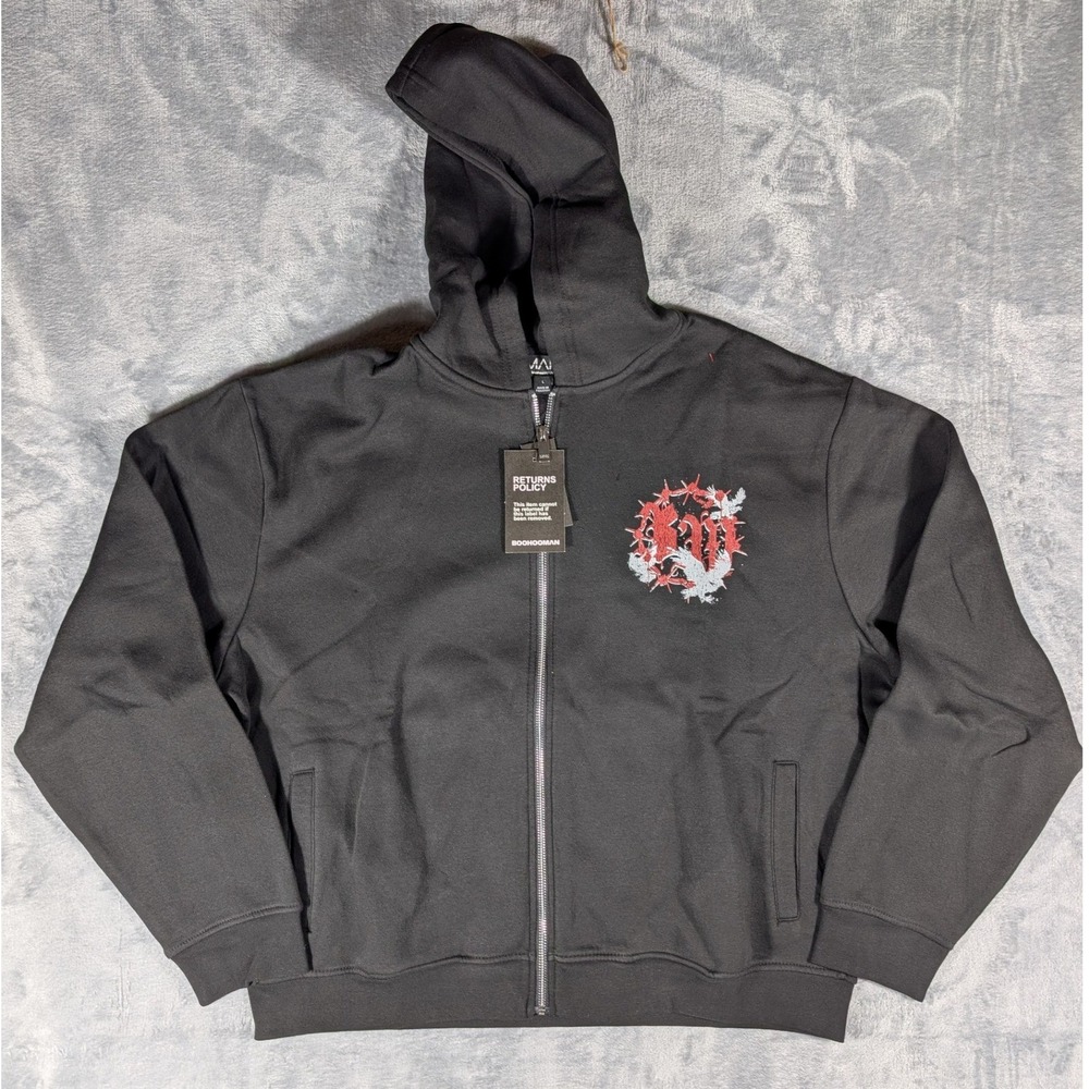 boohooMAN Men's Graphic Zip Up Hoodie Black Fleece Lined Sweatshirt Large NWT
